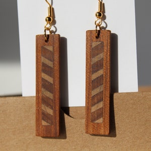 Long Dangle Geometric Wood Earrings Rectangular With Center Stripes Lightweight