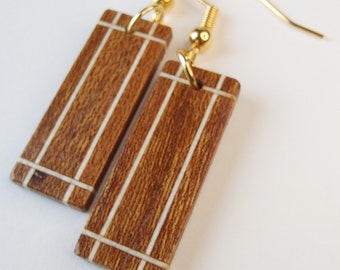 Rectangular Wood Dangle Earrings with White Stripes