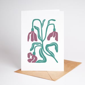Abstracte bloemenmatisse-geïnspireerde wenskaart met sneeuwklokje | Wenskaarten voor alle gelegenheden | Digitale directe download | 5 x 7 gevouwen kaart