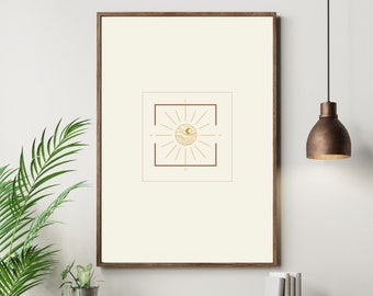 Retro zon lijntekeningen | Boho minimalistische muurkunst | Abstracte zon digitale kunstafdrukken | Kamerinrichting