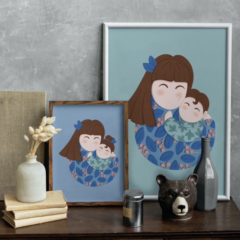 Mom and Daughter Mom and Son,Gallery Wall Art Set of 2,Mom Birthday Gift,Wall Decor Nursery,Girl Room Decor,Family Portrait,Digital Download image 2