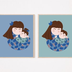 Mom and Daughter Mom and Son,Gallery Wall Art Set of 2,Mom Birthday Gift,Wall Decor Nursery,Girl Room Decor,Family Portrait,Digital Download image 1