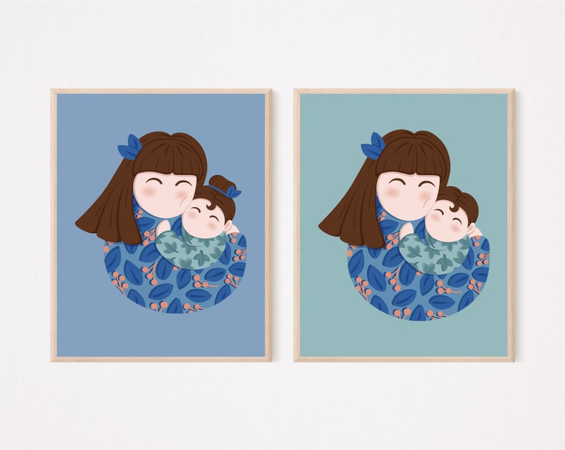 Mom and Daughter Mom and Son,Gallery Wall Art Set of 2,Mom Birthday Gift,Wall Decor Nursery,Girl Room Decor,Family Portrait,Digital Download image 1