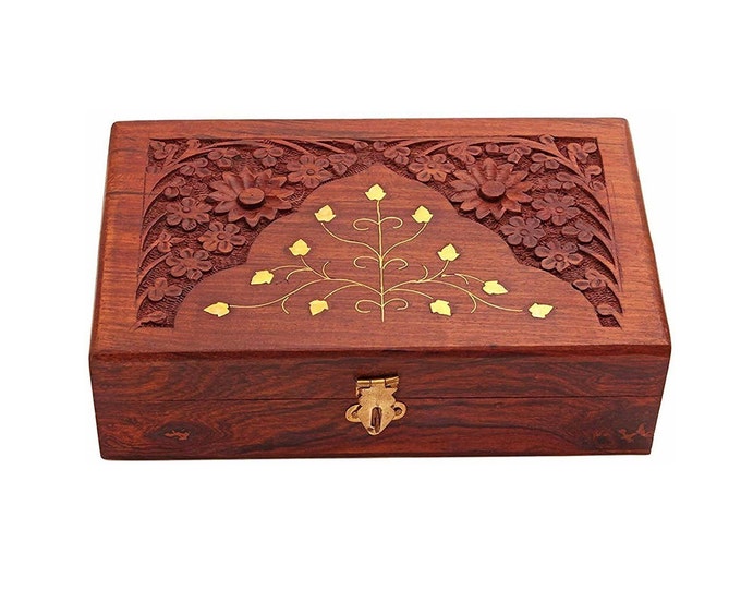 Handcrafted Wooden Jewellery Box (Full Carving & Carving With Brass) | Traditional and Classic Floral Design Jewelry Box | Gift for Bridal