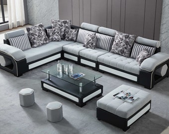 12 Seater L-Shaped Sectional Sofa with Ottoman and Center Table for Living Room Fabric 3 + 2 + 2 + 1 Sofa Set | Made to Order
