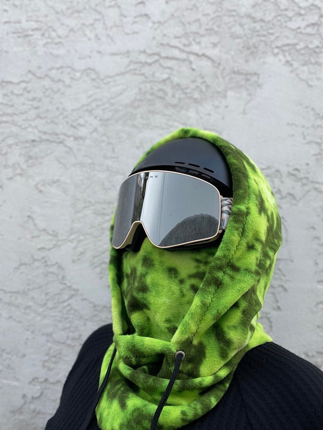 Green Blotch Ski Hood Fits Over the Helmet, Fleece Hood, Balaclava