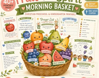 Puede incluir: Un conjunto imprimible Fruit of the Spirit Morning Basket con una cesta tejida llena de frutas ilustradas con caras, incluyendo una manzana, pera, plátano, fresa, melocotón y uvas, rodeado de tarjetas educativas y rastreadores.