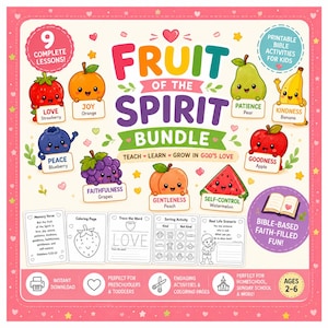 May include: A colorful digital download bundle titled "Fruit of the Spirit" with illustrations of fruits representing virtues like love, joy, and kindness. Includes printable Bible activities for kids aged 2-6, with 9 complete lessons.