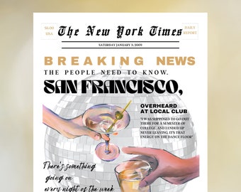 San Francisco ¿Dónde está tu periódico disco? Cita de Dom Dolla de arte de pared, decoración de pared Disco Ball Martini, cartel de carrito de bar imprimible noticias de última hora