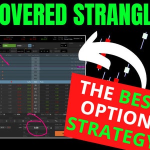 Puede incluir: Una pantalla de ordenador que muestra una plataforma de negociación de acciones con un gráfico y una tabla de datos. El texto "COVERED STRANGLE THE BEST OPTION STRATEGY" se superpone a la imagen.