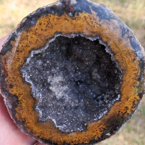 3.11" Polished Las Choyas Coconut Geode with Smokey Quartz Crystals