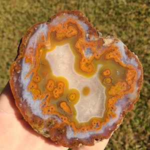 Moroccan agate from the high atlas mountains, also known as hama agate. Polished eye agate mineral specimen with quartz.