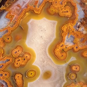 Moroccan agate from the high atlas mountains, also known as hama agate. Polished eye agate mineral specimen with quartz.