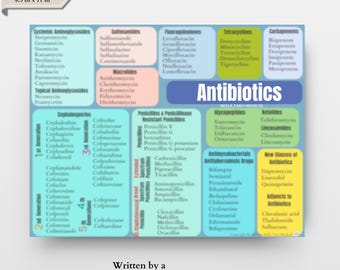 Foglio riassuntivo laminato sugli antibiotici/scheda medica per infermieri clinici/pediatrici, farmacologia degli antibiotici/antimicrobici, appunti per infermieri e NCLEX