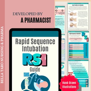 May include: A digital tablet displays a guide titled "Rapid Sequence Intubation RSI Guide" with hand-drawn illustrations. The text "Developed by a Pharmacist" is above the tablet. Additional pages with medical information are visible.