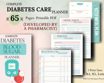 Diabetes Care Planner Printable, Blood Sugar Tracker, Medical Log, Blood Sugar Log, Insulin Log for Type 1 or 2 Diabetes, Health Tracker PDF