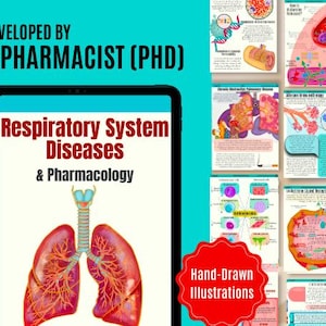 Può includere: Un'illustrazione digitale del sistema respiratorio con particolare attenzione ai polmoni. L'immagine fa parte di una guida di 66 pagine sulle malattie del sistema respiratorio e la farmacologia, sviluppata da un farmacista. Il testo "Sviluppato da un farmacista (PhD)" è in alto nell'immagine. Il testo "Malattie del sistema respiratorio e farmacologia" è al centro dell'immagine. Il testo "66 pagine" è nell'angolo in basso a sinistra dell'immagine. Il testo "Illustrazioni disegnate a mano" è nell'angolo in basso a destra dell'immagine.