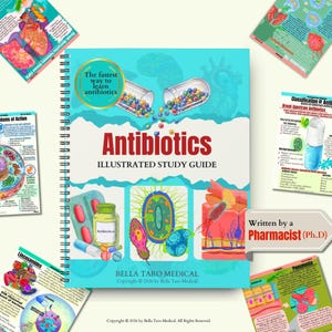 May include: A spiral-bound study guide titled "Antibiotics Illustrated Study Guide" with a teal cover. The cover features illustrations of pills, bacteria, and a pharmacy bottle. Additional educational diagrams surround the book. The text "Written by a Pharmacist (Ph.D)" is also visible.