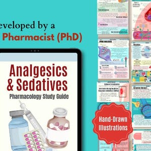 May include: A digital tablet displaying a study guide for analgesics and sedatives. The guide includes 46 pages and features hand-drawn illustrations. The title of the guide is "Analgesics & Sedatives: Pharmacology Study Guide".