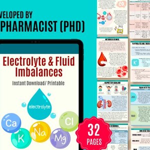 Op de afbeelding: Een digitale download van een printbare gids over elektrolyt- en vloeistofonevenwichtigheden, ontwikkeld door een apotheker. De omslag toont een kleurrijke illustratie van elektrolyten, waaronder calcium, chloride, kalium, natrium en magnesium. De gids is 32 pagina's lang.