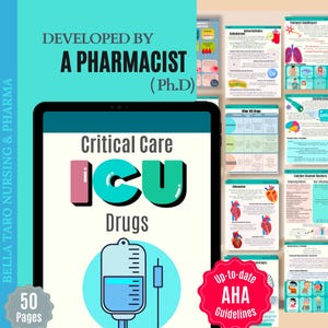 May include: A digital tablet displaying a colorful graphic of the word "ICU" with the text "Critical Care Drugs" and a blue IV bag with a drip line. The tablet is surrounded by a blue background with the text "Developed by a Pharmacist (Ph.D)" at the top and a red circle with the text "Up-to-date AHA Guidelines" at the bottom. The tablet is surrounded by smaller images of medical illustrations and text.