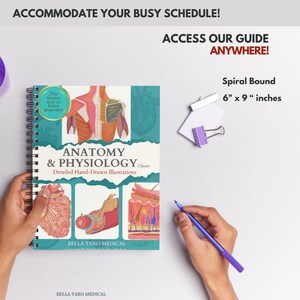 Pu&ograve; includere: Una guida di anatomia e fisiologia rilegata a spirale con illustrazioni dettagliate disegnate a mano. Il libro misura 15 x 23 cm e presenta il testo "Anatomy & Physiology Guide" e "The fastest way to learn anatomy". La guida &egrave; di Bella Taro Medical.