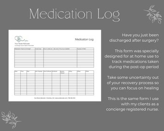 May include: A printable medication log form designed for home use to track medications taken after surgery. The form includes sections for medication name and strength, dosage, how often to take the medication, and the purpose of the medication. The form also includes a section for tracking symptoms such as pain, nausea, and muscle aches.