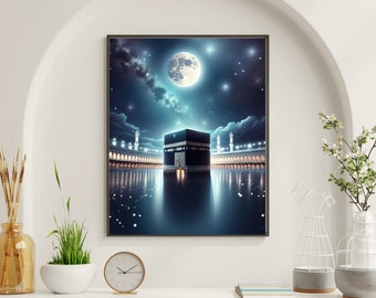 Digitale Kaabe Kunst, islamische Wandkunst, druckbare İsmac Kunst, hochwertige İslamische Kunst, Kaabe mit Mond, digitale Tapete, İslamic, Moon Art