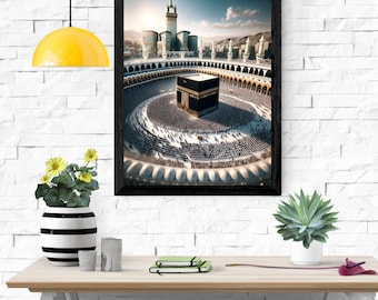 Op de afbeelding: Een ingelijste print van een panoramisch uitzicht op de Kaaba in Mekka, Saoedi-Arabië. De Kaaba is een kubusvormig gebouw dat de heiligste plaats in de islam is. De print toont de Kaaba omringd door een grote menigte mensen.