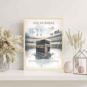 Hajj Mubarak 2025 - cadeau de la Omra - Poster aquarelle de la Kaaba | Art mural islamique | Cadeau personnalisé pour le Hajj avec téléchargement numérique Dua