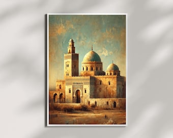 May include: A painting of a mosque with a tall minaret and three domes. The mosque is painted in warm tones of yellow, orange, and brown, with a blue sky in the background.