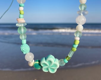 Aquamarine Beaded Necklace | Adjustable Beaded Necklace | Summer Beaded Necklace | Hibiscus Necklace