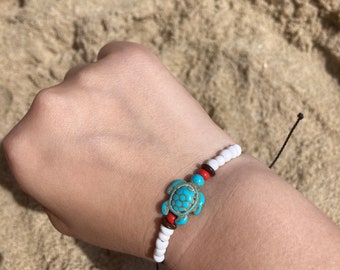 Turquoise Stone Turtle Beaded Bracelet | Beach Bracelet | Adjustable Beaded Bracelet | Trendy