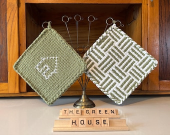 potholders (set of 2), eco-friendly, handmade, loomed, embroidered, house