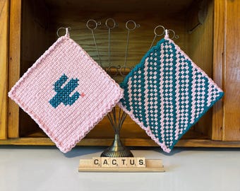 potholders (set of 2), eco-friendly, handmade, loomed, embroidered, cactus