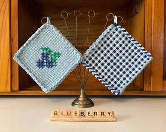 potholders (set of 2), eco-friendly, handmade, loomed, embroidered, blueberry