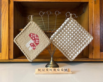 potholders (set of 2), eco-friendly, handmade, loomed, embroidered, mushrooms