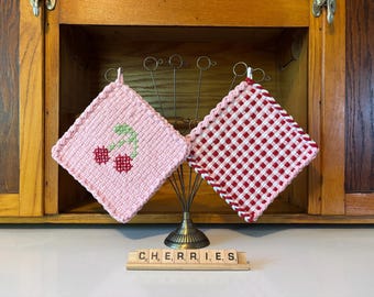 potholders (set of 2), eco-friendly, handmade, loomed, embroidered, cherry