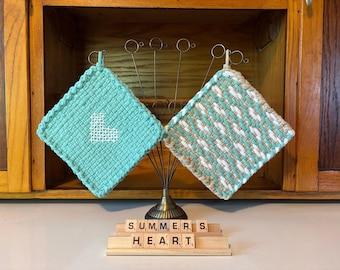 potholders (set of 2), handmade, loomed, stitched, embroidered, heart