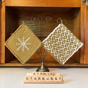 potholders (set of 2), eco-friendly, handmade, loomed, embroidered, atomic starburst, midcentury