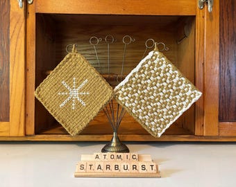 potholders (set of 2), eco-friendly, handmade, loomed, embroidered, atomic starburst, midcentury