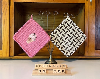 potholders (set of 2), eco-friendly, handmade, loomed, embroidered, ice cream cone