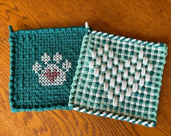 potholders (set of 2), eco-friendly, handmade, loomed, embroidered, paw print, heart, gingham