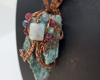 Raw fuchsite pendant, copper wire wrapped pendant,  healing crystal,