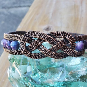Celtic knot copper woven cuff with blue and purple dyed ocean jasper