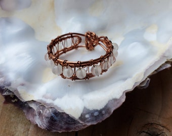 Moonstone beaded ring made with pure copper Size 8 1/2