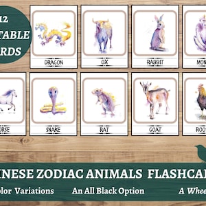 Watercolor Chinese Zodiac Animals Flashcards, Lunar New Year Montessori Material Flashcards, Asia Nomenclature Cards, Three Part Cards