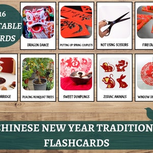Chinese New Year Traditions Flashcards,  Lunar New Year Rabbit Dragon New Year Flashcards, Asian Culture Learning Material, Nomenclature