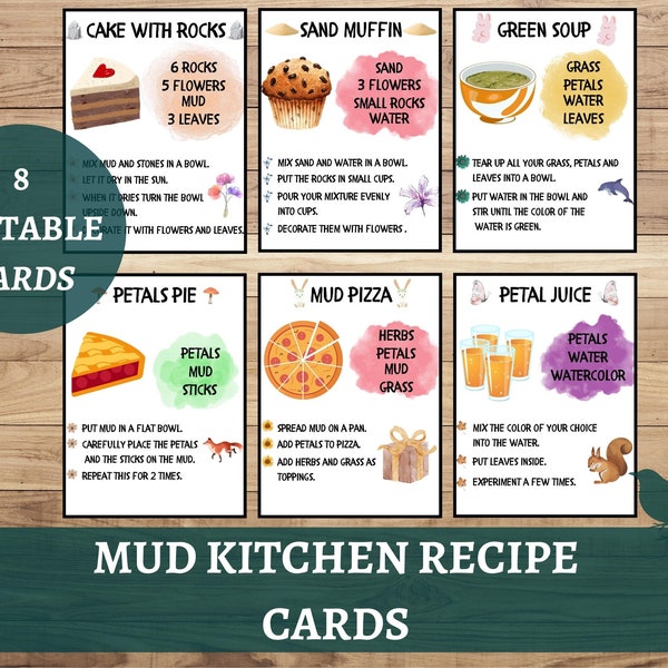 Mud Kitchen Recipe Cards, Pretend Play, Outdoor Forest School, Learning Binder, Flash Cards, Sensory Play, Busy Book, Backyard Games Summer