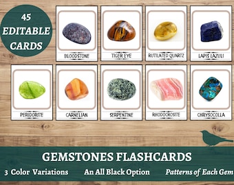 Gemstones Minerals and Crystals  Montessori Flashcards, Nomenclature Homescool Learning Cards, Geology Rocks Busy Book, Pattern Matching